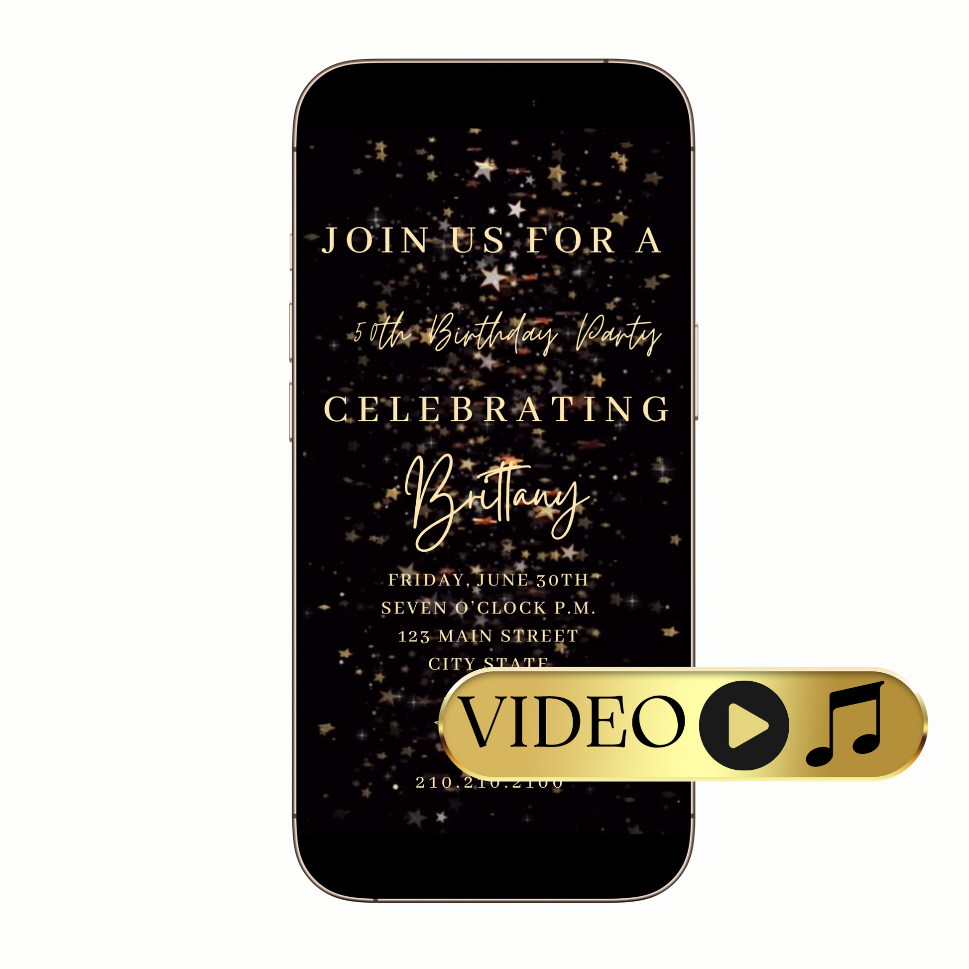 Editable Black Gold Starry Glam Video Invitation Template