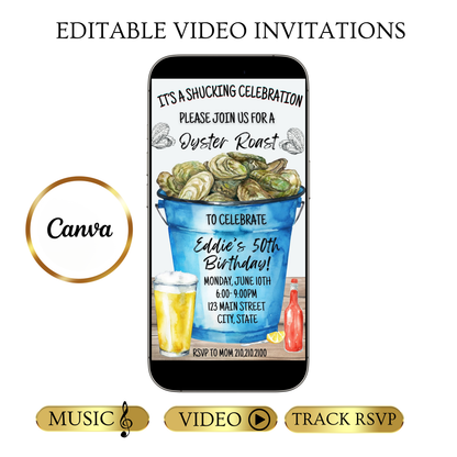 Editable oyster roast birthday party birthday video invitation displayed on a mobile phone, featuring an animated vertical digital invite with music, created in Canva. This premium video invitation template is designed for sharing by text, email, and social media and works with an interactive RSVP website for easy guest response tracking.
