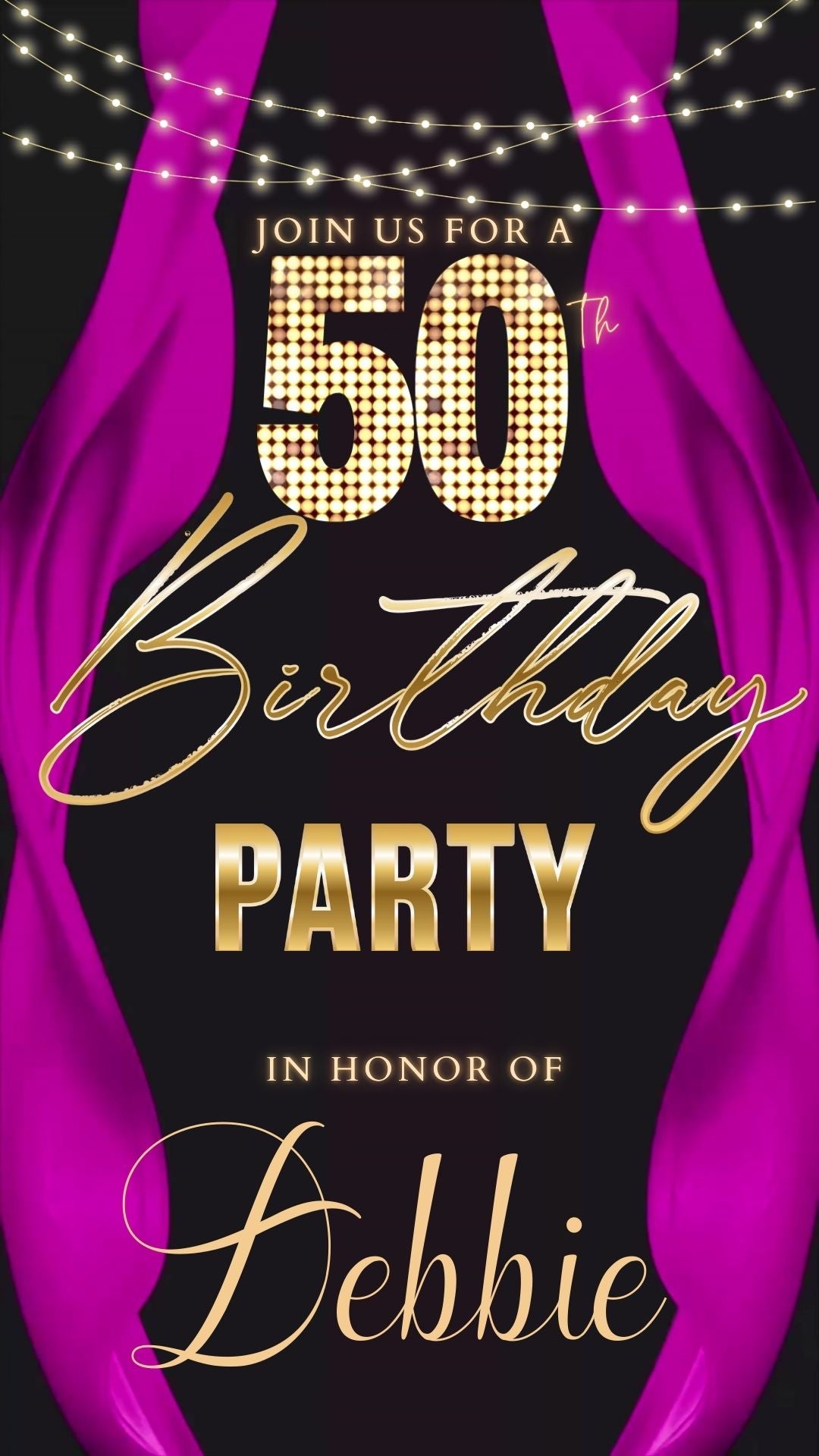 Editable pink curtain 50th birthday video invitation displayed on a mobile phone, featuring an animated vertical digital invite with music, created in Canva. This premium video invitation template is designed for sharing by text, email, and social media and works with an interactive RSVP website for easy guest response tracking.