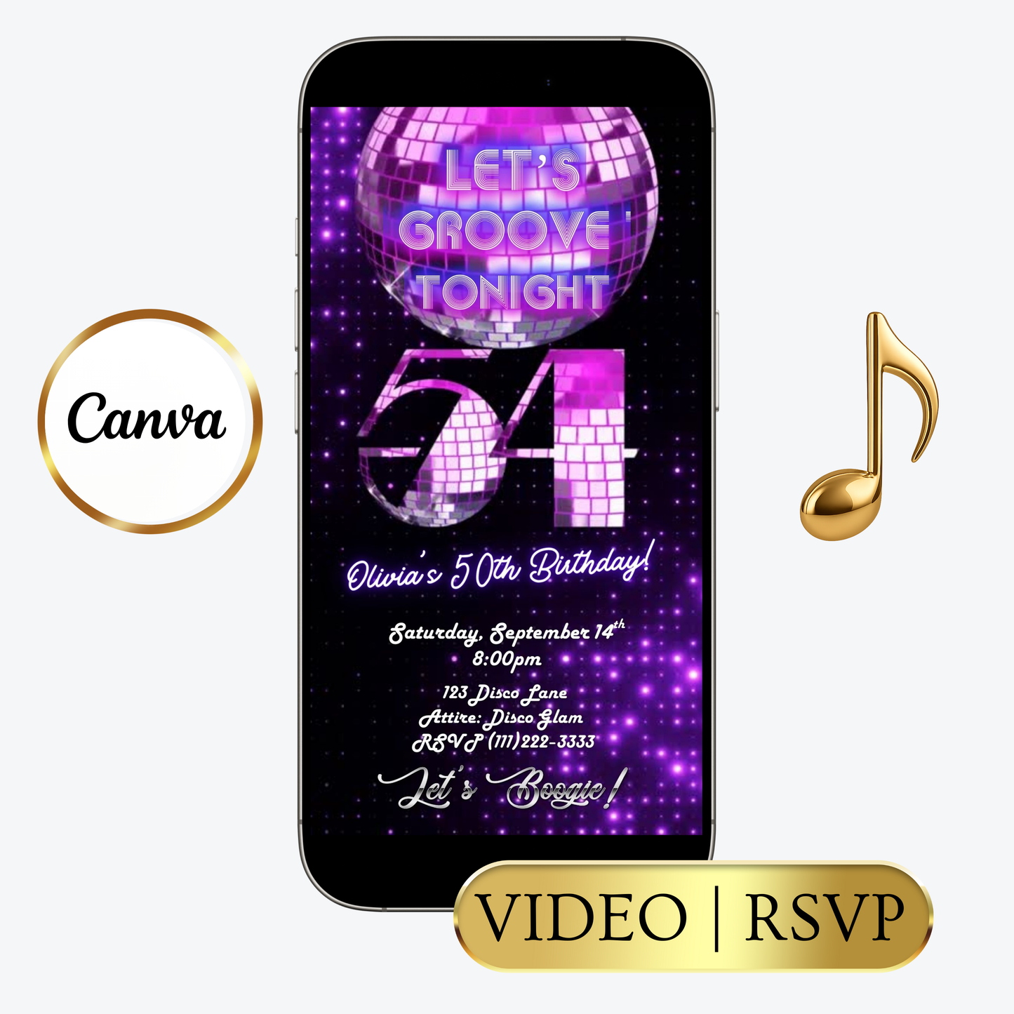 Editable purple disco studio 54 birthday video invitation displayed on a mobile phone, featuring an animated vertical digital invite with music, created in Canva. This premium video invitation template is designed for sharing by text, email, and social media and works with an interactive RSVP website for easy guest response tracking.
