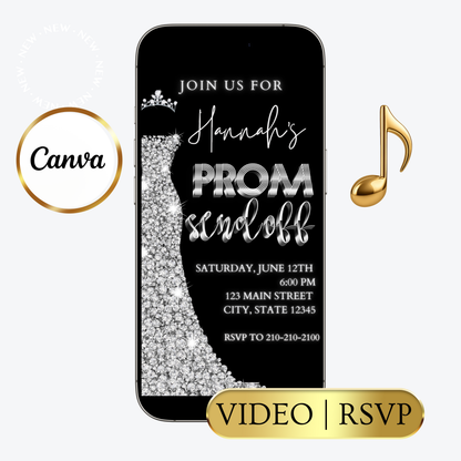 Editable black silver glam prom send off video invitation displayed on a mobile phone, featuring an animated vertical digital invite with music, created in Canva. This premium video invitation template is designed for sharing by text, email, and social media and works with an interactive RSVP website for easy guest response tracking.