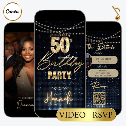 Editable blue sequin 50th birthday video invitation displayed on a mobile phone, featuring an animated vertical digital invite with music, created in Canva. This premium video invitation template is designed for sharing by text, email, and social media and works with an interactive RSVP website for easy guest response tracking.