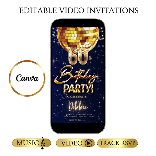 Editable retro disco ball 60th birthday birthday video invitation displayed on a mobile phone, featuring an animated vertical digital invite with music, created in Canva. This premium video invitation template is designed for sharing by text, email, and social media and works with an interactive RSVP website for easy guest response tracking.