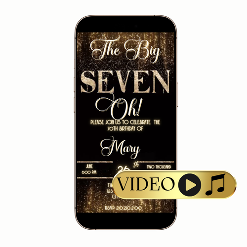 Editable Gold Curtain The Big Seven-Oh 70th Birthday Video Invitation — Elegant Theme Template