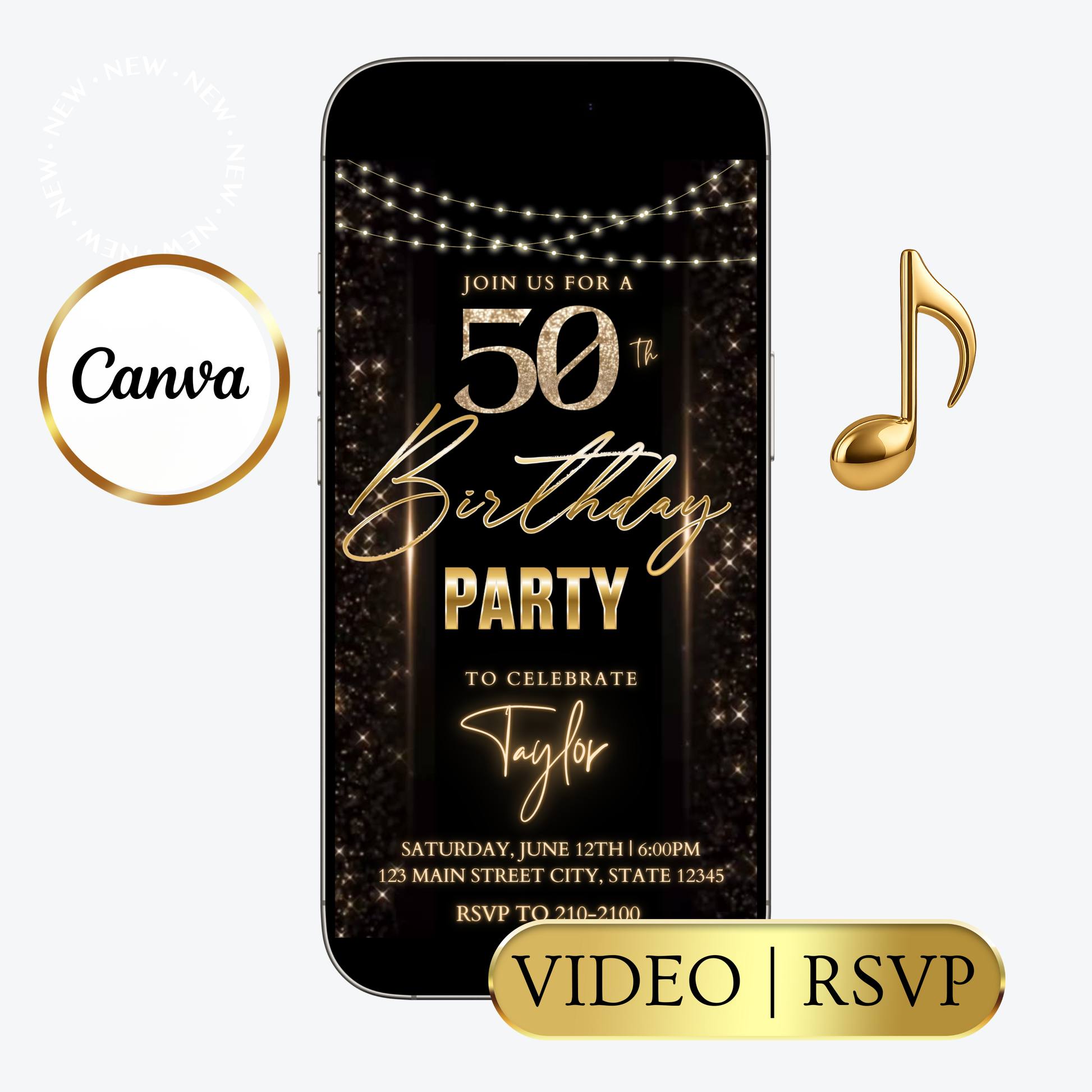 Editable blue gold modern 50th birthday video invitation displayed on a mobile phone, featuring an animated vertical digital invite with music, created in Canva. This premium video invitation template is designed for sharing by text, email, and social media and works with an interactive RSVP website for easy guest response tracking.