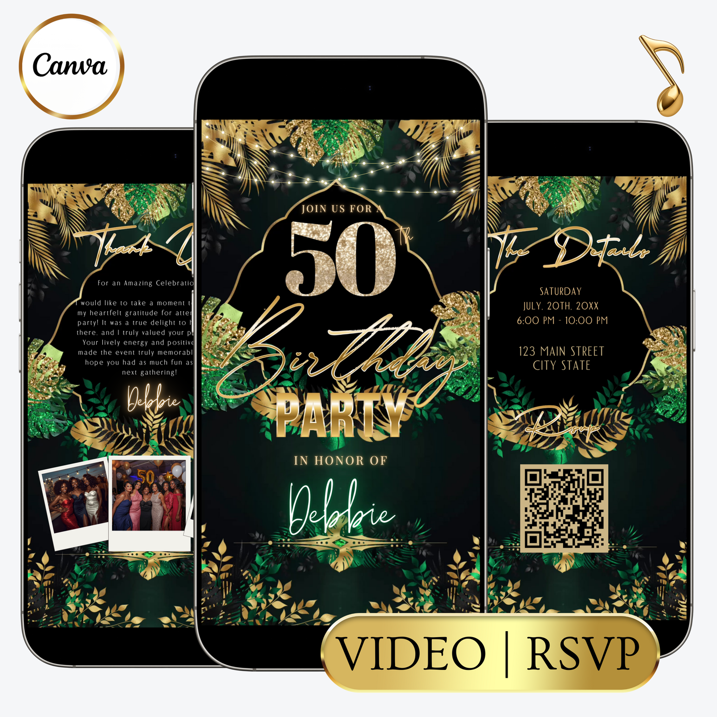 Editable tropical green gold 50th birthday video invitation displayed on a mobile phone, featuring an animated vertical digital invite with music, created in Canva. This premium video invitation template is designed for sharing by text, email, and social media and works with an interactive RSVP website for easy guest response tracking.