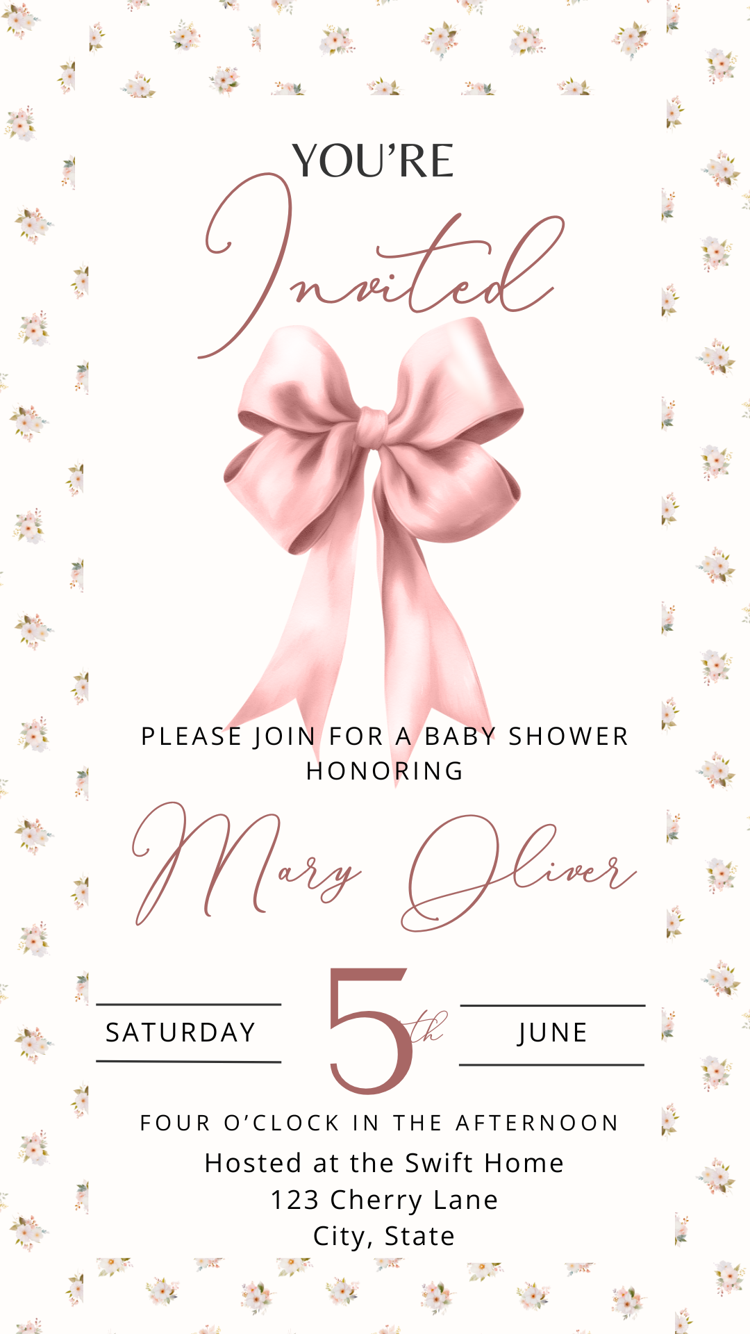 Vertical phone mockup showing pink bow baby girl video invitation