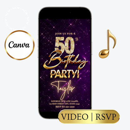 Editable purple gold sparkle 50th birthday video invitation displayed on a mobile phone, featuring an animated vertical digital invite with music, created in Canva. This premium video invitation template is designed for sharing by text, email, and social media and works with an interactive RSVP website for easy guest response tracking.