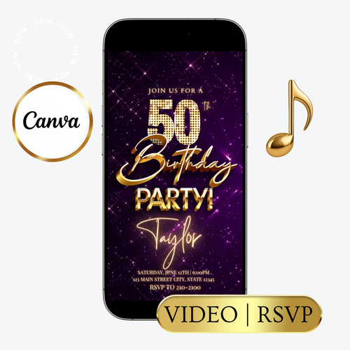 Editable purple gold sparkle 50th birthday video invitation displayed on a mobile phone, featuring an animated vertical digital invite with music, created in Canva. This premium video invitation template is designed for sharing by text, email, and social media and works with an interactive RSVP website for easy guest response tracking.