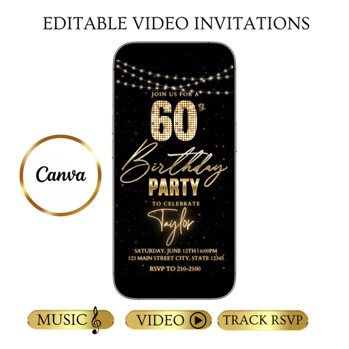 Editable black gold starry 60th birthday birthday video invitation displayed on a mobile phone, featuring an animated vertical digital invite with music, created in Canva. This premium video invitation template is designed for sharing by text, email, and social media and works with an interactive RSVP website for easy guest response tracking.