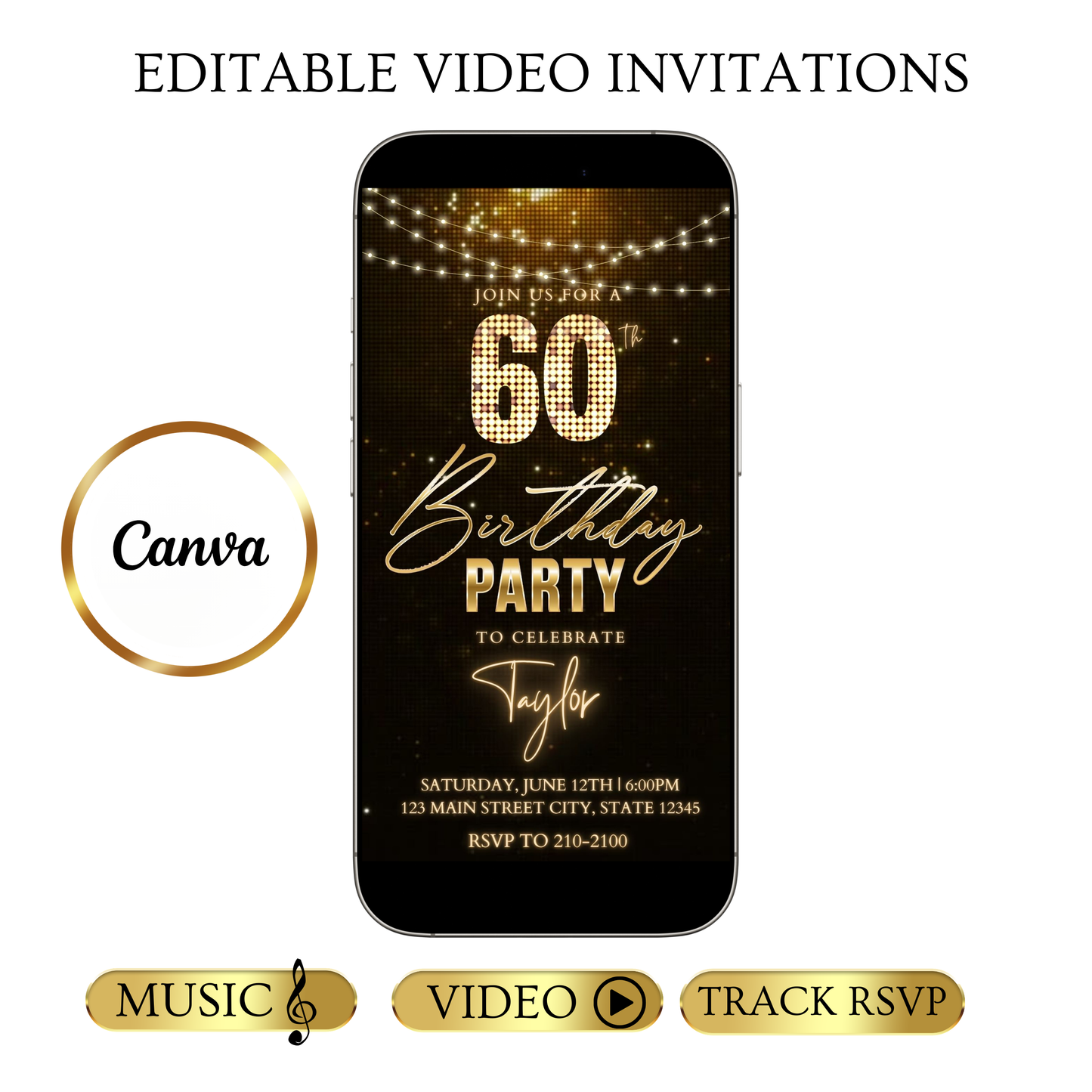 Editable bronze glitter 60th birthday birthday video invitation displayed on a mobile phone, featuring an animated vertical digital invite with music, created in Canva. This premium video invitation template is designed for sharing by text, email, and social media and works with an interactive RSVP website for easy guest response tracking.