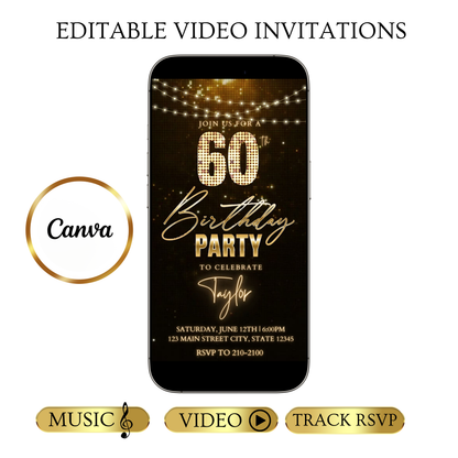 Editable bronze glitter 60th birthday birthday video invitation displayed on a mobile phone, featuring an animated vertical digital invite with music, created in Canva. This premium video invitation template is designed for sharing by text, email, and social media and works with an interactive RSVP website for easy guest response tracking.