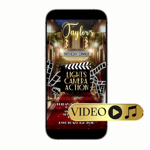 Luxe gold Hollywood-themed dinner party video invitation