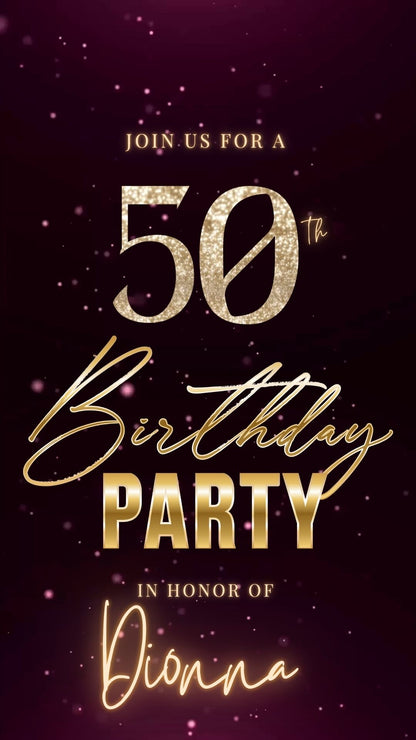 Editable burgundy shimmer 50th birthday video invitation displayed on a mobile phone, featuring an animated vertical digital invite with music, created in Canva. This premium video invitation template is designed for sharing by text, email, and social media and works with an interactive RSVP website for easy guest response tracking.