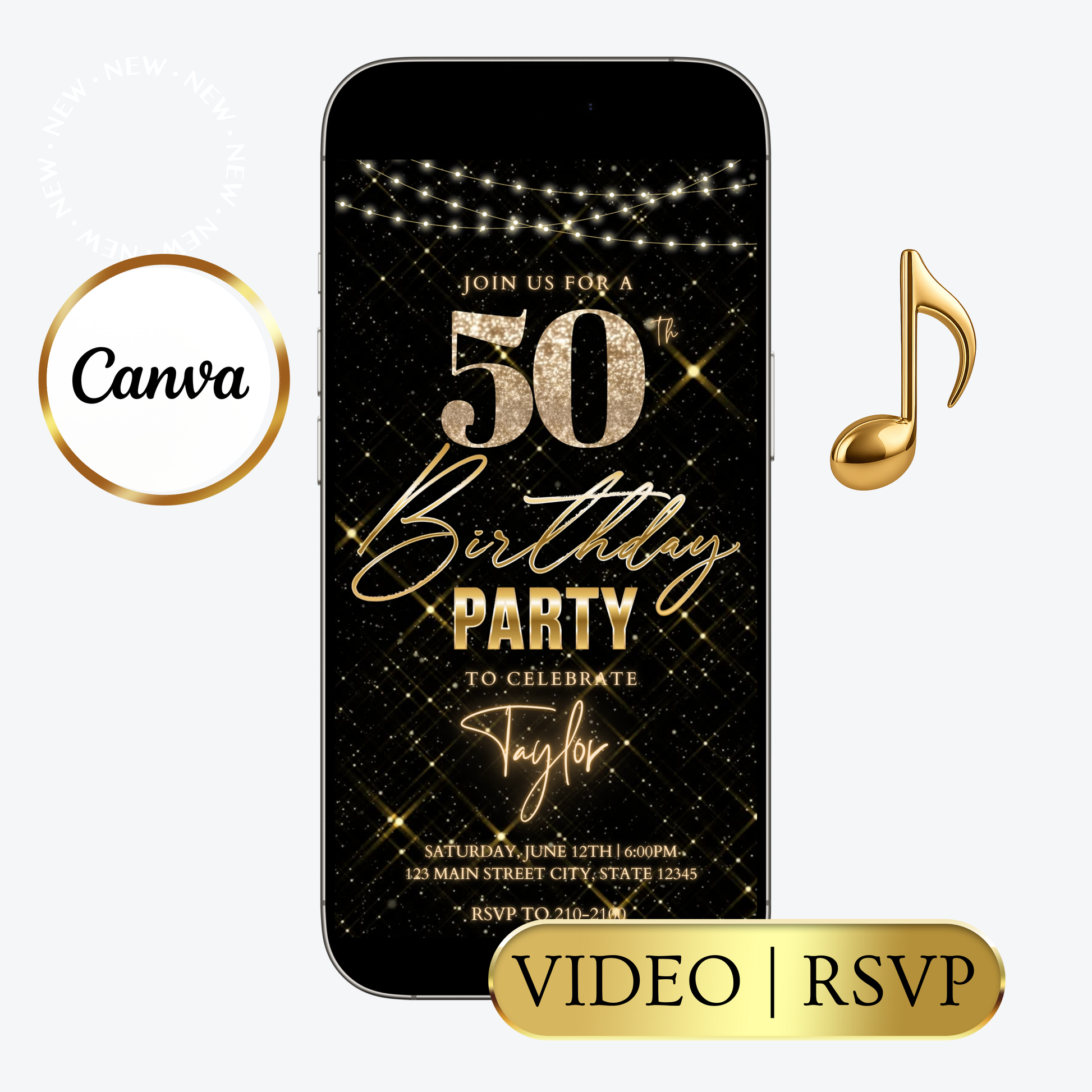 Editable black gold sparkle 50th birthday video invitation displayed on a mobile phone, featuring an animated vertical digital invite with music, created in Canva. This premium video invitation template is designed for sharing by text, email, and social media and works with an interactive RSVP website for easy guest response tracking.