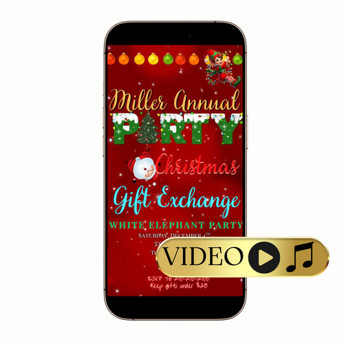 Festive elf-themed video invitation design with whimsical accents