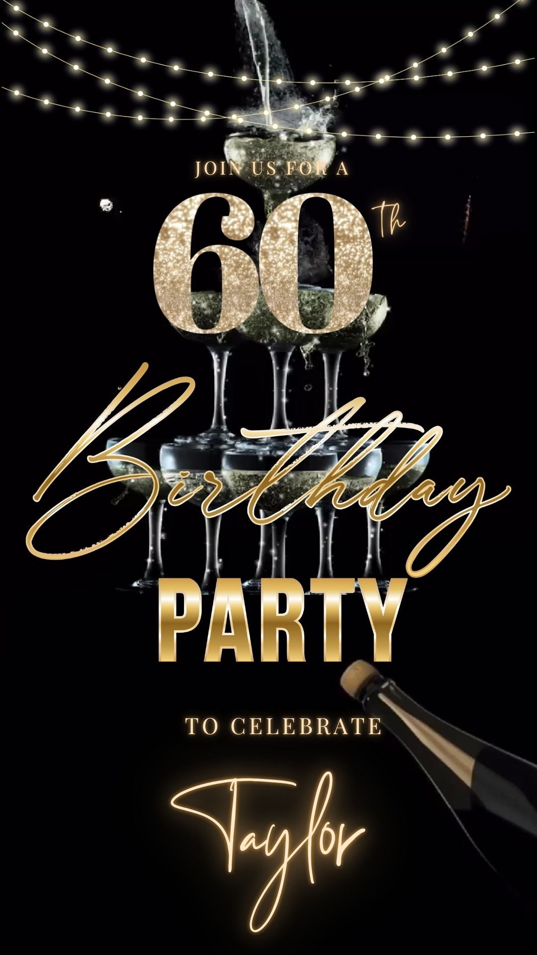 Editable black gold elegant 60th birthday birthday video invitation displayed on a mobile phone, featuring an animated vertical digital invite with music, created in Canva. This premium video invitation template is designed for sharing by text, email, and social media and works with an interactive RSVP website for easy guest response tracking.