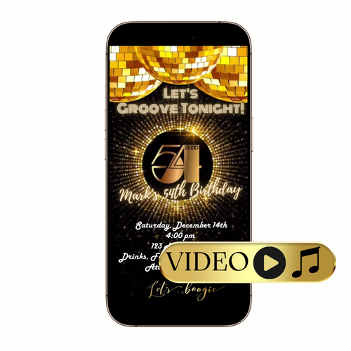 Disco 54 birthday party video invitation with sparkling disco ball design