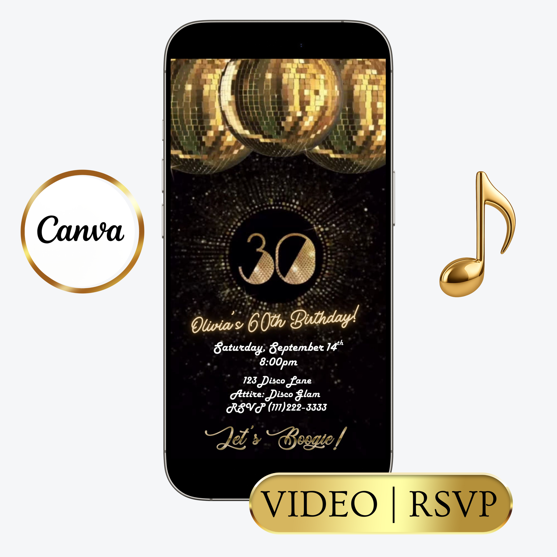 Editable gold disco ball 30th birthday video invitation displayed on a mobile phone, featuring an animated vertical digital invite with music, created in Canva. This premium video invitation template is designed for sharing by text, email, and social media and works with an interactive RSVP website for easy guest response tracking.