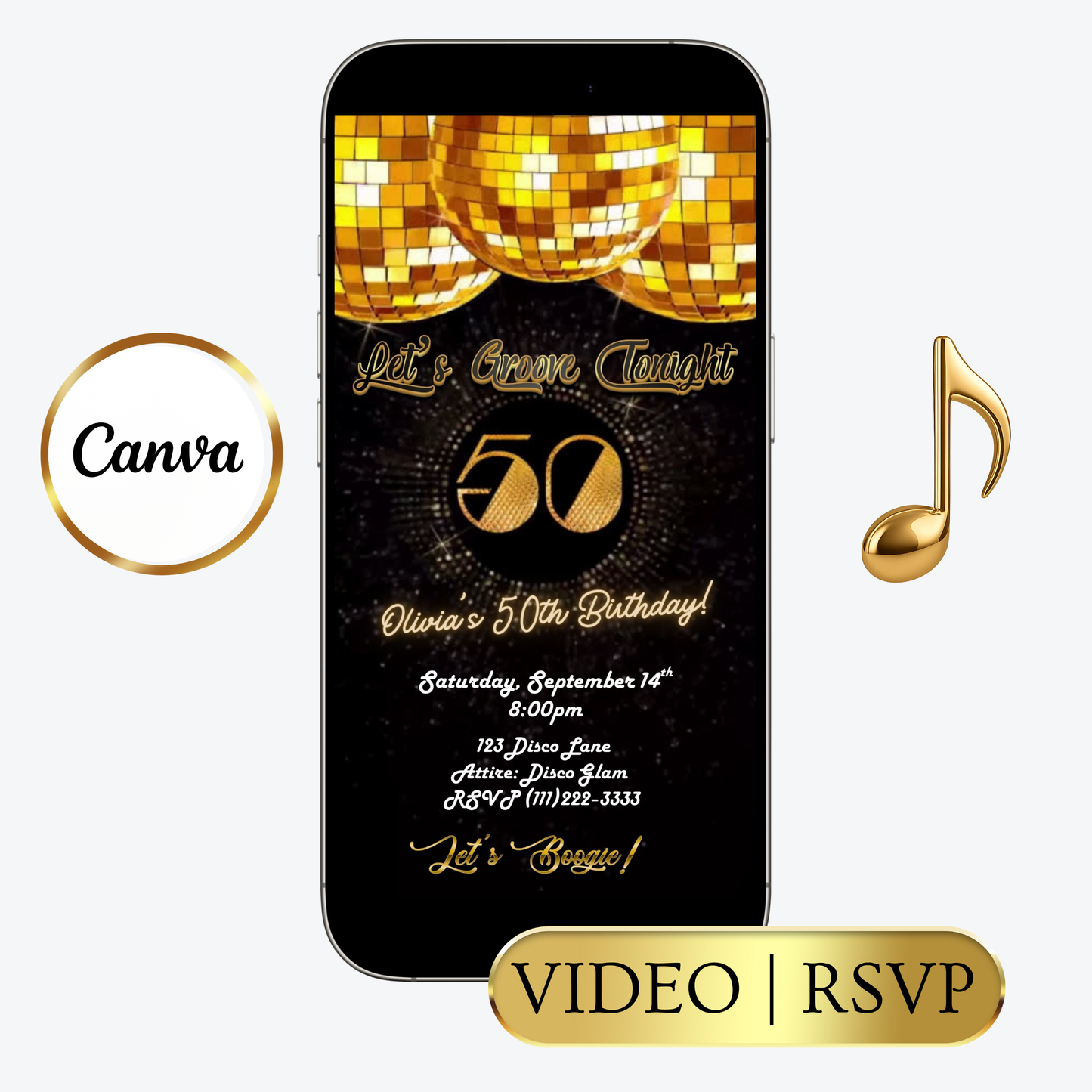 Editable gold disco 50th birthday video invitation displayed on a mobile phone, featuring an animated vertical digital invite with music, created in Canva. This premium video invitation template is designed for sharing by text, email, and social media and works with an interactive RSVP website for easy guest response tracking.