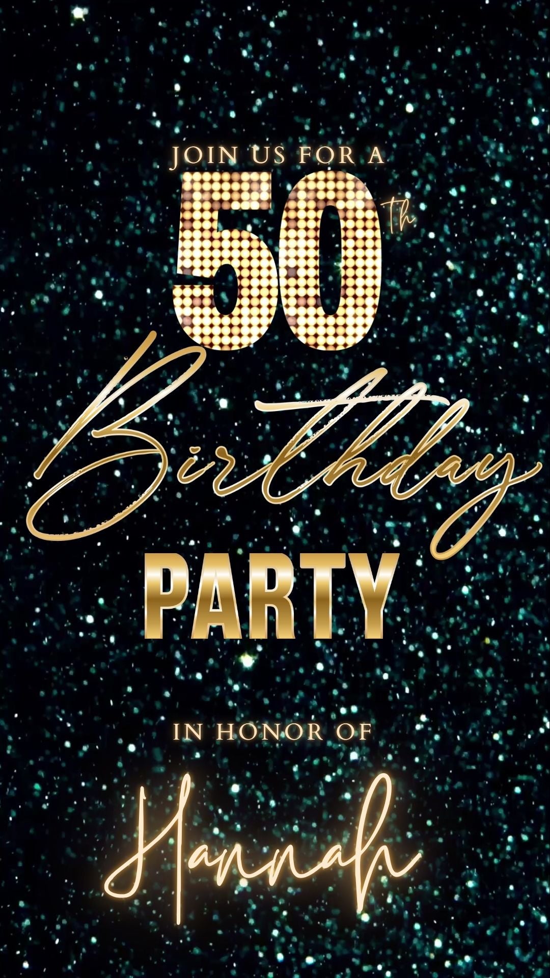 Editable teal green 50th birthday video invitation displayed on a mobile phone, featuring an animated vertical digital invite with music, created in Canva. This premium video invitation template is designed for sharing by text, email, and social media and works with an interactive RSVP website for easy guest response tracking.