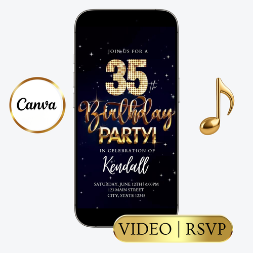 Editable blue gold starry 35th birthday video invitation displayed on a mobile phone, featuring an animated vertical digital invite with music, created in Canva. This premium video invitation template is designed for sharing by text, email, and social media and works with an interactive RSVP website for easy guest response tracking.