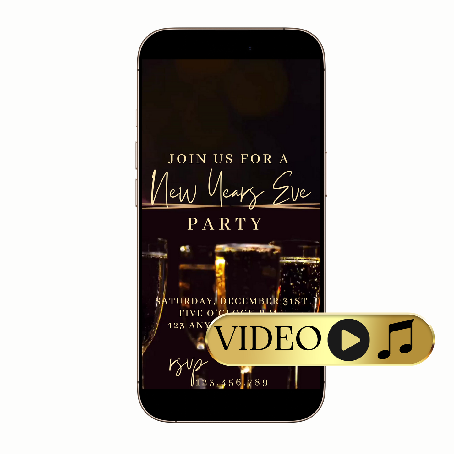 Hand holding phone with golden confetti invite playing