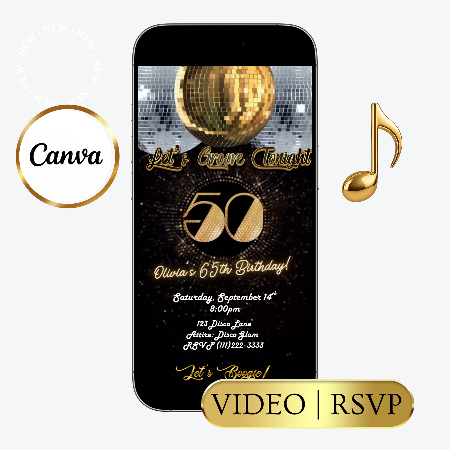 Editable black studio 54 disco 50th birthday video invitation displayed on a mobile phone, featuring an animated vertical digital invite with music, created in Canva. This premium video invitation template is designed for sharing by text, email, and social media and works with an interactive RSVP website for easy guest response tracking.