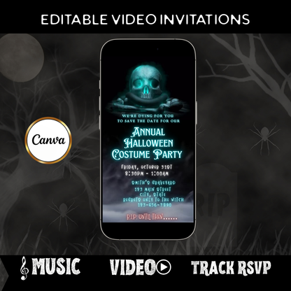 Editable spooky halloween costume party party video invitation displayed on a mobile phone, featuring an animated vertical digital invite with music, created in Canva. This premium video invitation template is designed for sharing by text, email, and social media and works with an interactive RSVP website for easy guest response tracking.