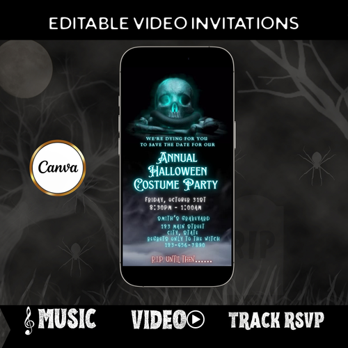 Editable spooky halloween costume party party video invitation displayed on a mobile phone, featuring an animated vertical digital invite with music, created in Canva. This premium video invitation template is designed for sharing by text, email, and social media and works with an interactive RSVP website for easy guest response tracking.