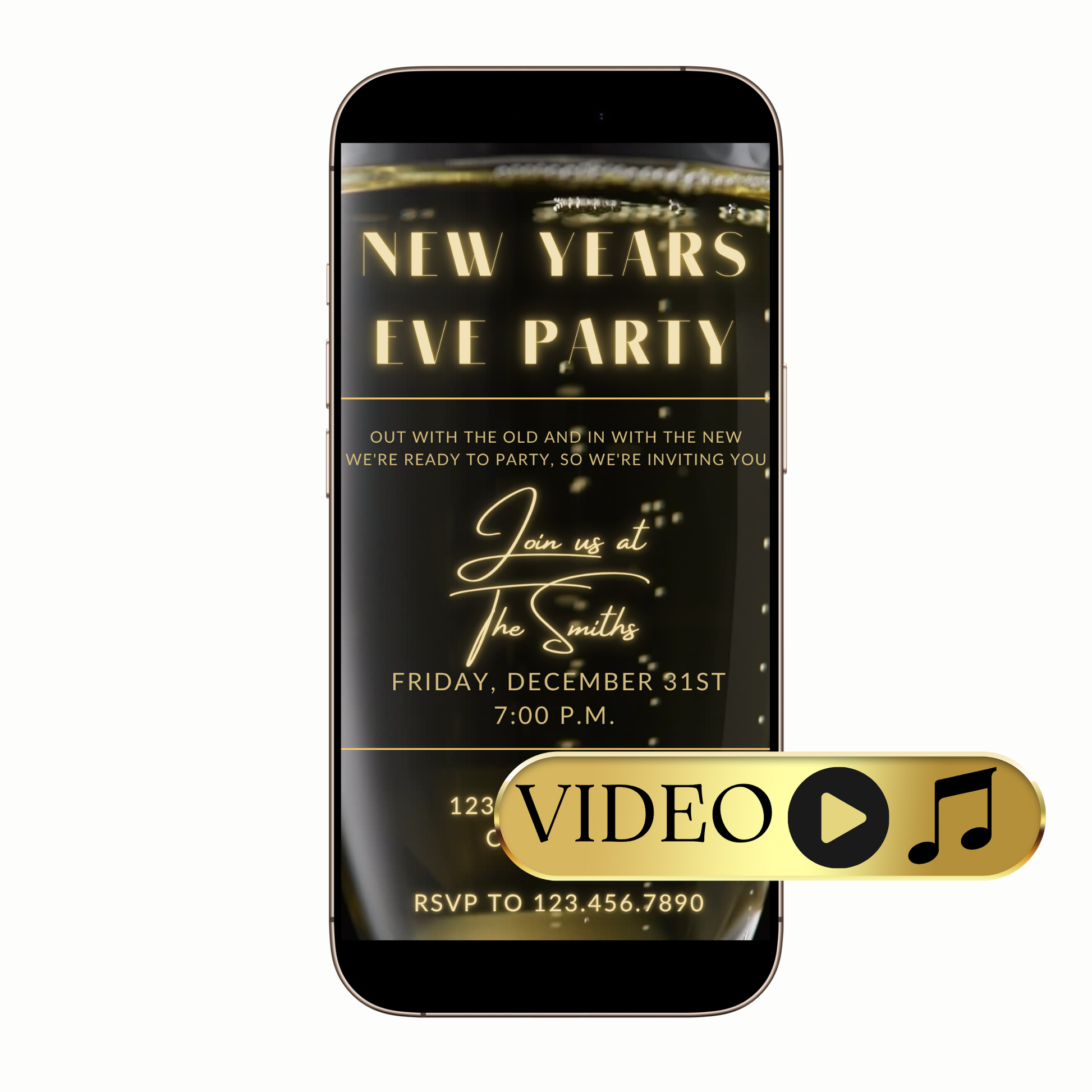Digital gold elegant New Year's Eve video invitation