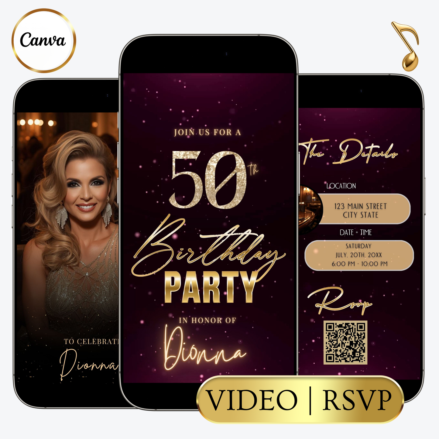 Editable burgundy shimmer 50th birthday video invitation displayed on a mobile phone, featuring an animated vertical digital invite with music, created in Canva. This premium video invitation template is designed for sharing by text, email, and social media and works with an interactive RSVP website for easy guest response tracking.