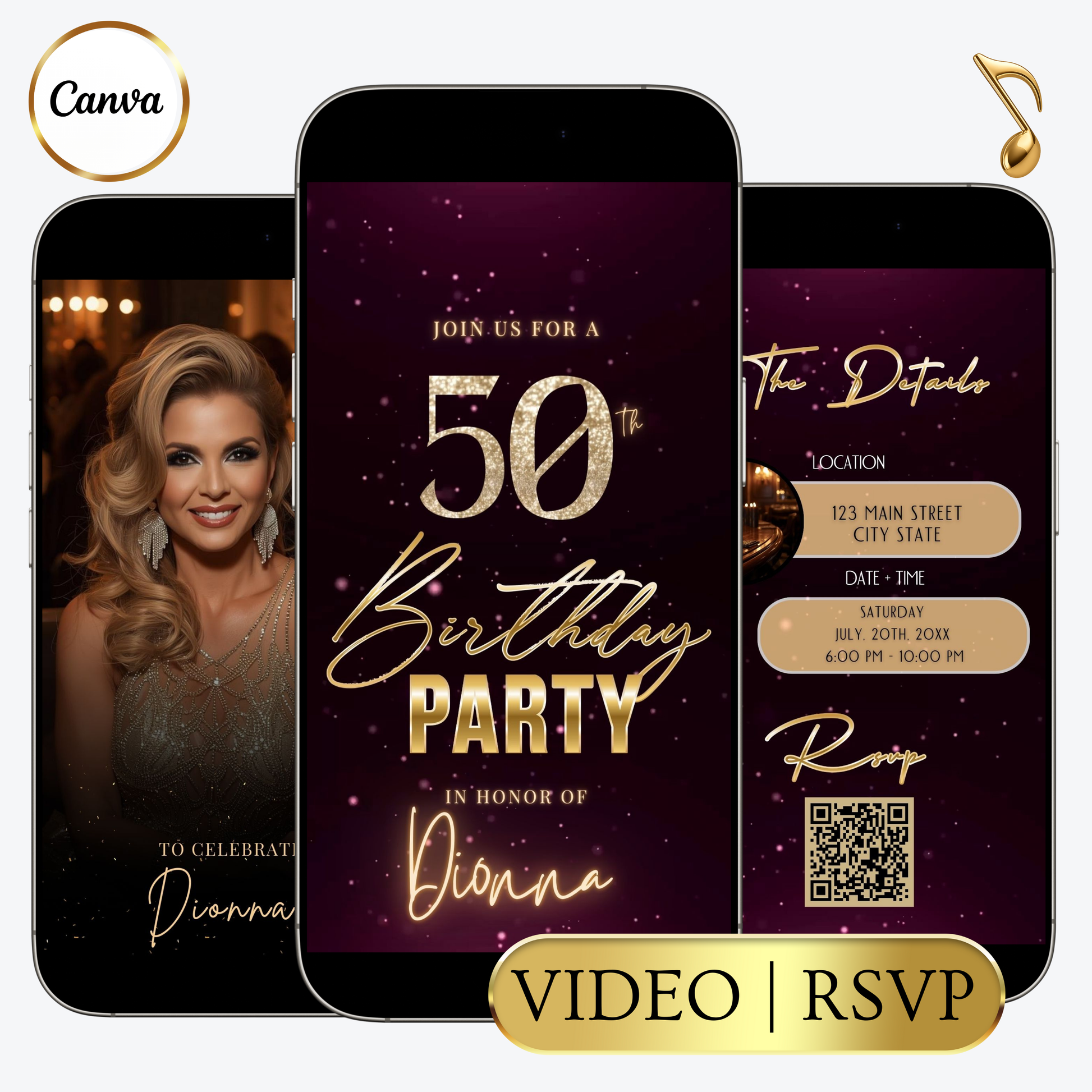 Editable burgundy shimmer 50th birthday video invitation displayed on a mobile phone, featuring an animated vertical digital invite with music, created in Canva. This premium video invitation template is designed for sharing by text, email, and social media and works with an interactive RSVP website for easy guest response tracking.