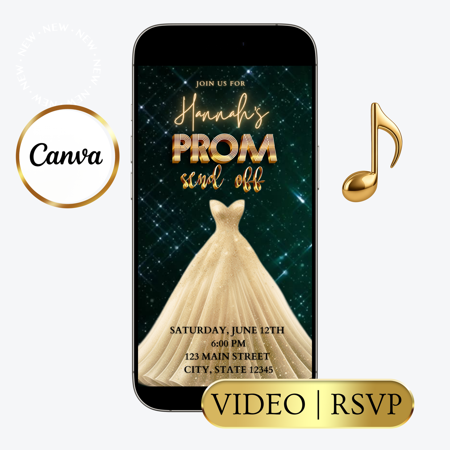 Editable emerald green gold prom send off video invitation displayed on a mobile phone, featuring an animated vertical digital invite with music, created in Canva. This premium video invitation template is designed for sharing by text, email, and social media and works with an interactive RSVP website for easy guest response tracking.
