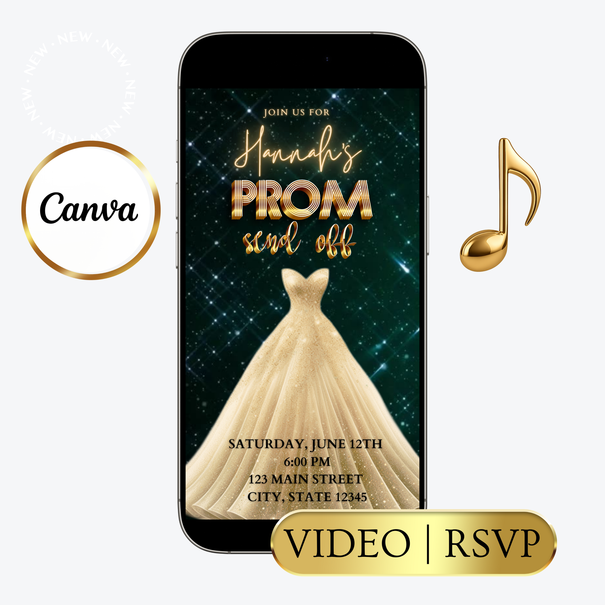 Editable emerald green gold prom send off video invitation displayed on a mobile phone, featuring an animated vertical digital invite with music, created in Canva. This premium video invitation template is designed for sharing by text, email, and social media and works with an interactive RSVP website for easy guest response tracking.
