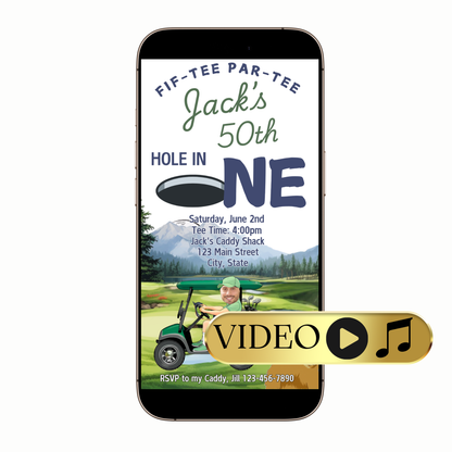 Hand holding phone with animated golf ball invite playing