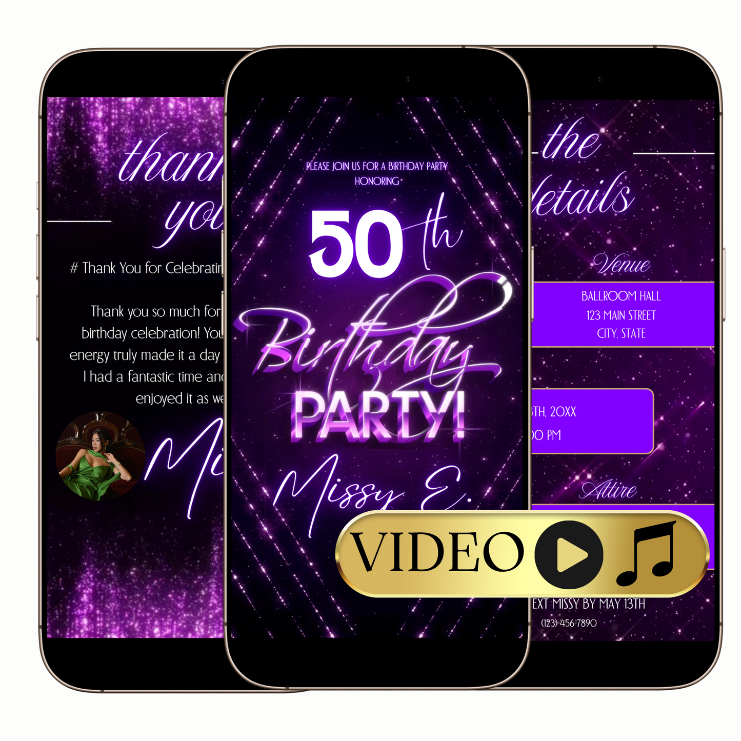 Purple neon milestone birthday video invitation digital