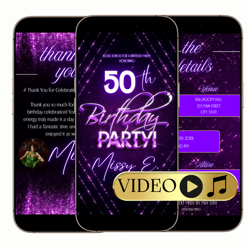 Purple neon milestone birthday video invitation digital