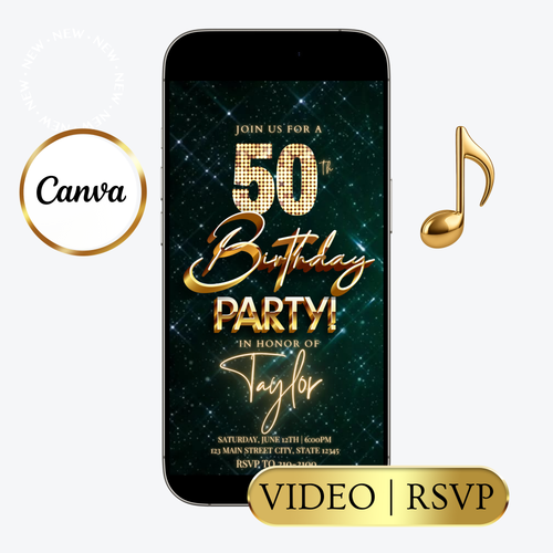 Editable emerald green gold glam 50th birthday video invitation displayed on a mobile phone, featuring an animated vertical digital invite with music, created in Canva. This premium video invitation template is designed for sharing by text, email, and social media and works with an interactive RSVP website for easy guest response tracking.