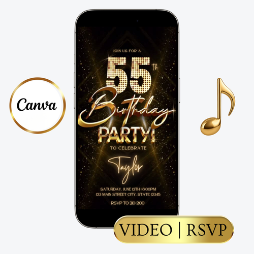 Editable gold glitter 55th birthday party video invitation displayed on a mobile phone, featuring an animated vertical digital invite with music, created in Canva. This premium video invitation template is designed for sharing by text, email, and social media and works with an interactive RSVP website for easy guest response tracking.