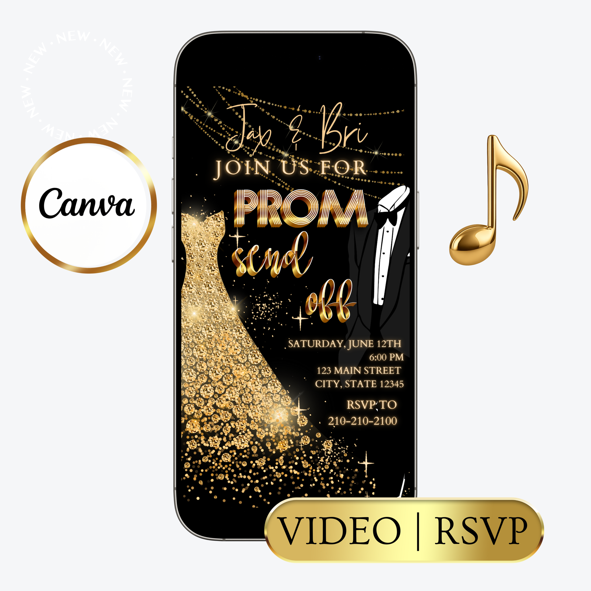Editable black gold elegant prom send off video invitation displayed on a mobile phone, featuring an animated vertical digital invite with music, created in Canva. This premium video invitation template is designed for sharing by text, email, and social media and works with an interactive RSVP website for easy guest response tracking.