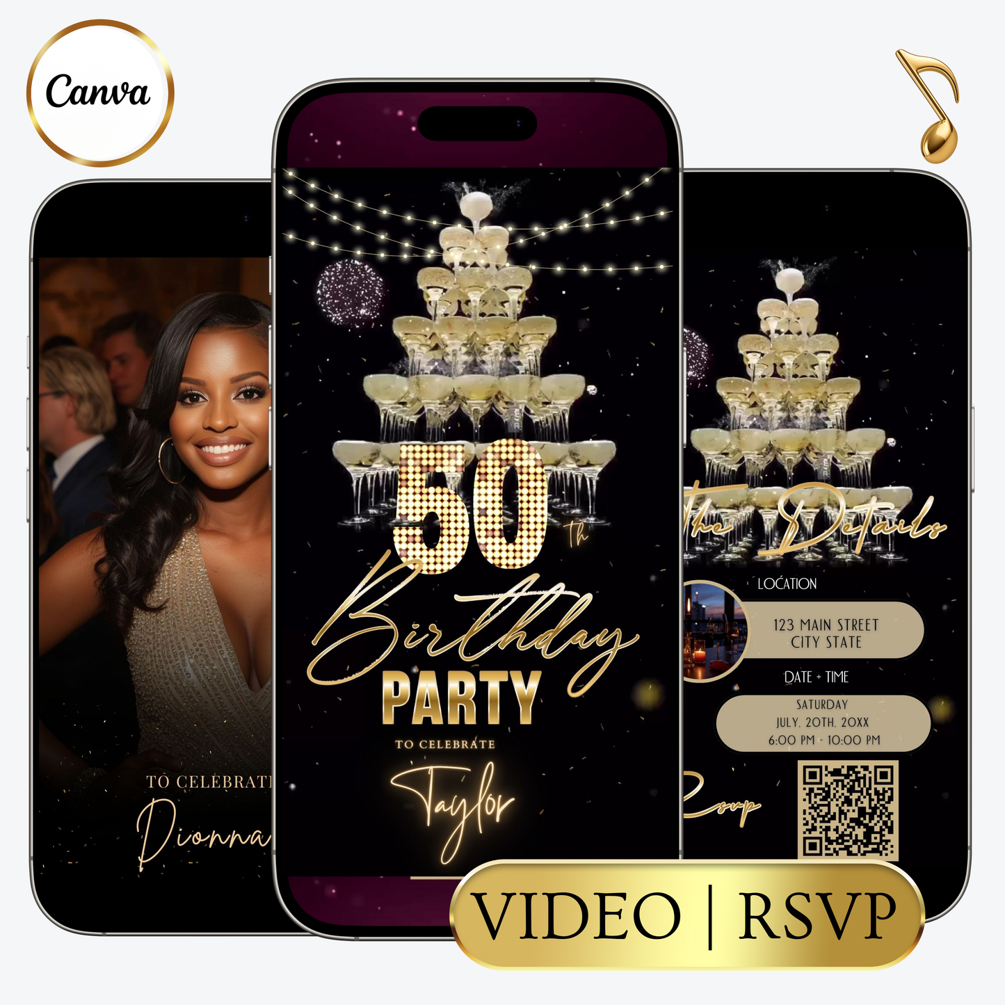 Editable champagne tower gold 50th birthday video invitation displayed on a mobile phone, featuring an animated vertical digital invite with music, created in Canva. This premium video invitation template is designed for sharing by text, email, and social media and works with an interactive RSVP website for easy guest response tracking.