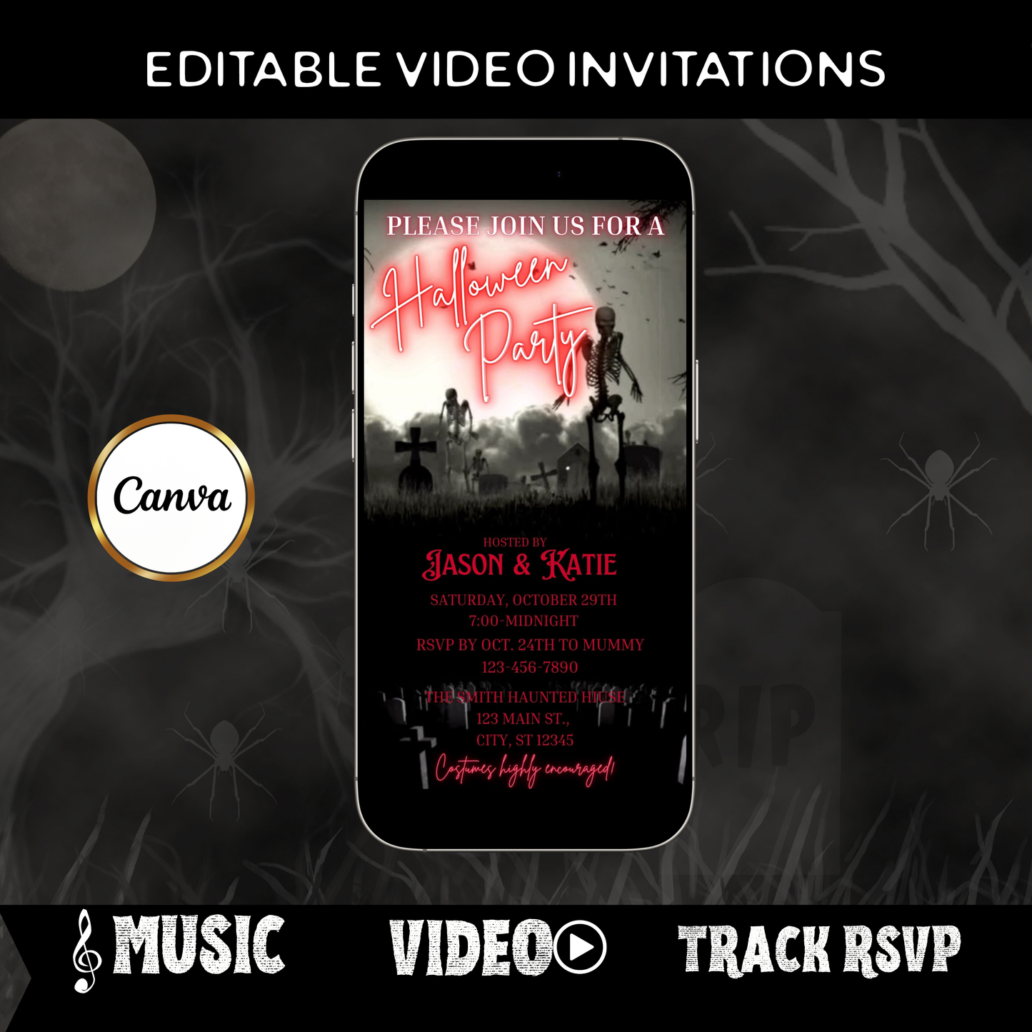 Editable graveyard halloween party party video invitation displayed on a mobile phone, featuring an animated vertical digital invite with music, created in Canva. This premium video invitation template is designed for sharing by text, email, and social media and works with an interactive RSVP website for easy guest response tracking.