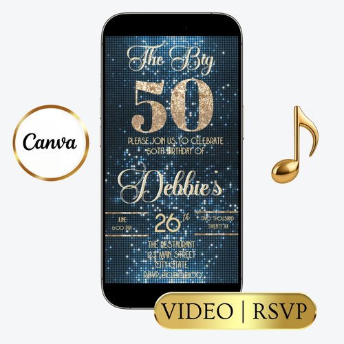 Editable baby blue shimmer 50th birthday video invitation displayed on a mobile phone, featuring an animated vertical digital invite with music, created in Canva. This premium video invitation template is designed for sharing by text, email, and social media and works with an interactive RSVP website for easy guest response tracking.