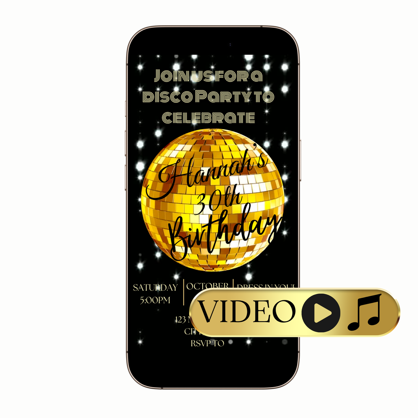 Gold disco ball 30th birthday video invitation digital