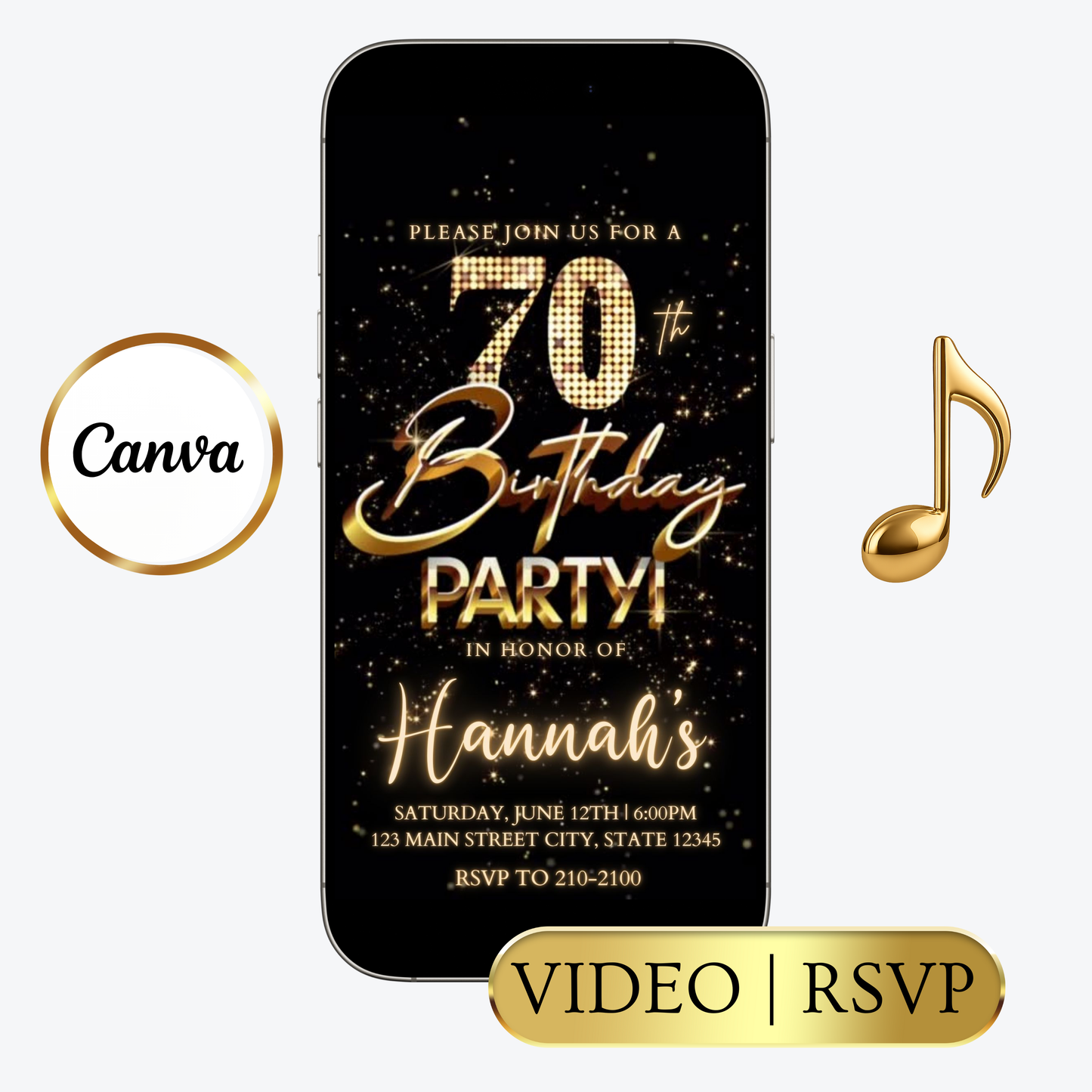 Editable gold fireworks 70th birthday video invitation displayed on a mobile phone, featuring an animated vertical digital invite with music, created in Canva. This premium video invitation template is designed for sharing by text, email, and social media and works with an interactive RSVP website for easy guest response tracking.