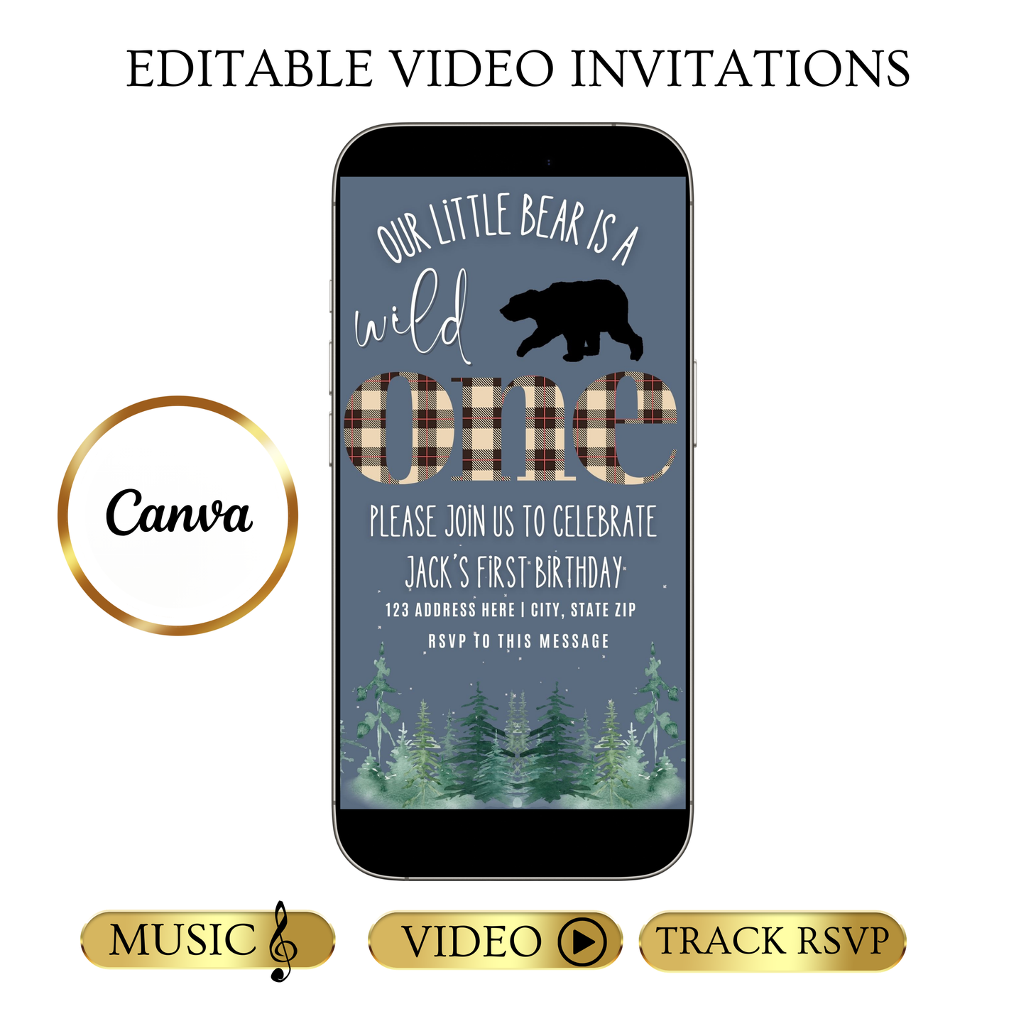 Editable wild one bear birthday birthday video invitation displayed on a mobile phone, featuring an animated vertical digital invite with music, created in Canva. This premium video invitation template is designed for sharing by text, email, and social media and works with an interactive RSVP website for easy guest response tracking.