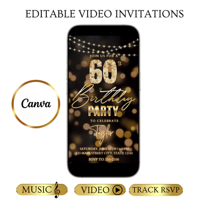 Editable gold bokeh lights 60th birthday birthday video invitation displayed on a mobile phone, featuring an animated vertical digital invite with music, created in Canva. This premium video invitation template is designed for sharing by text, email, and social media and works with an interactive RSVP website for easy guest response tracking.