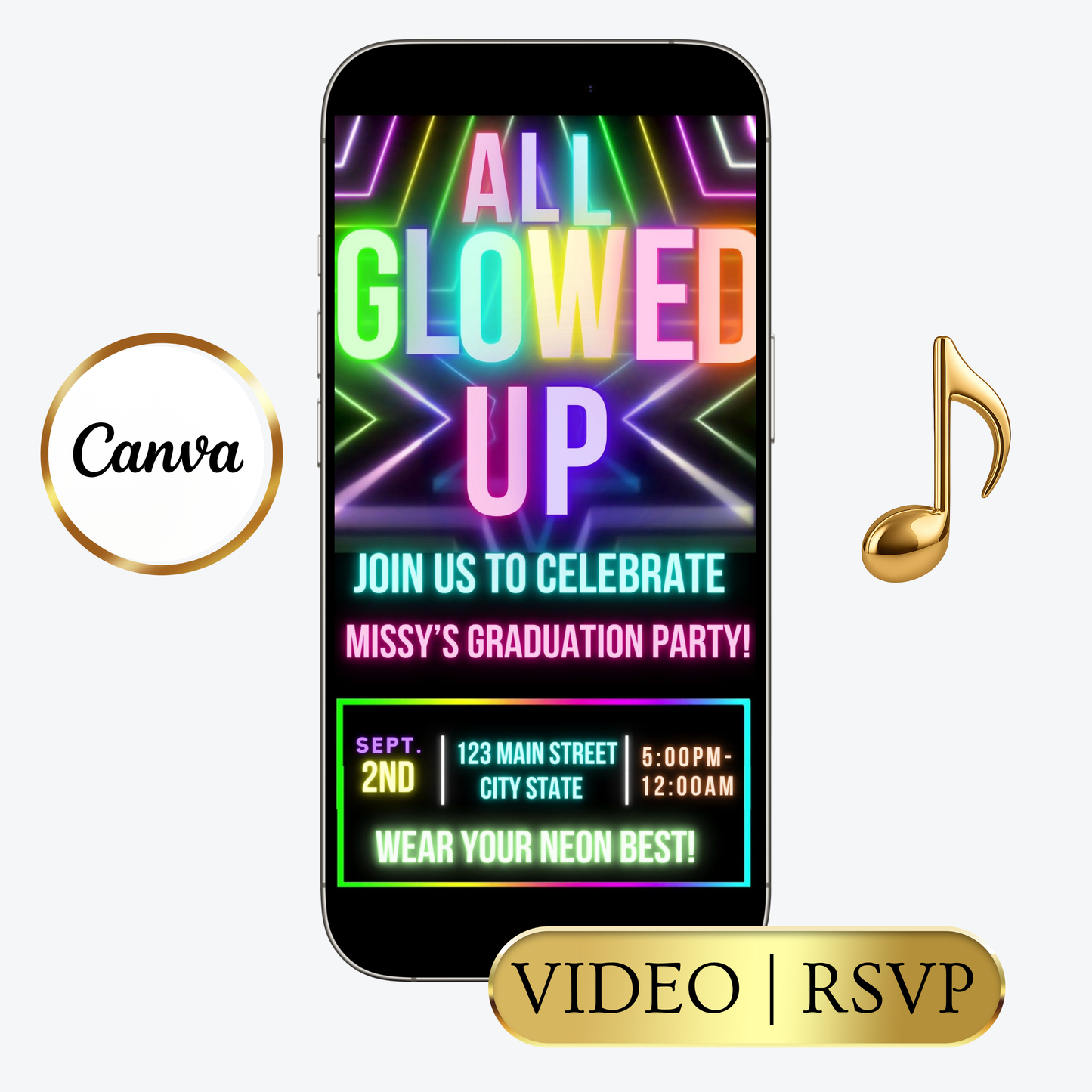 Editable neon glow graduation party video invitation displayed on a mobile phone, featuring an animated vertical digital invite with music, created in Canva. This premium video invitation template is designed for sharing by text, email, and social media and works with an interactive RSVP website for easy guest response tracking.