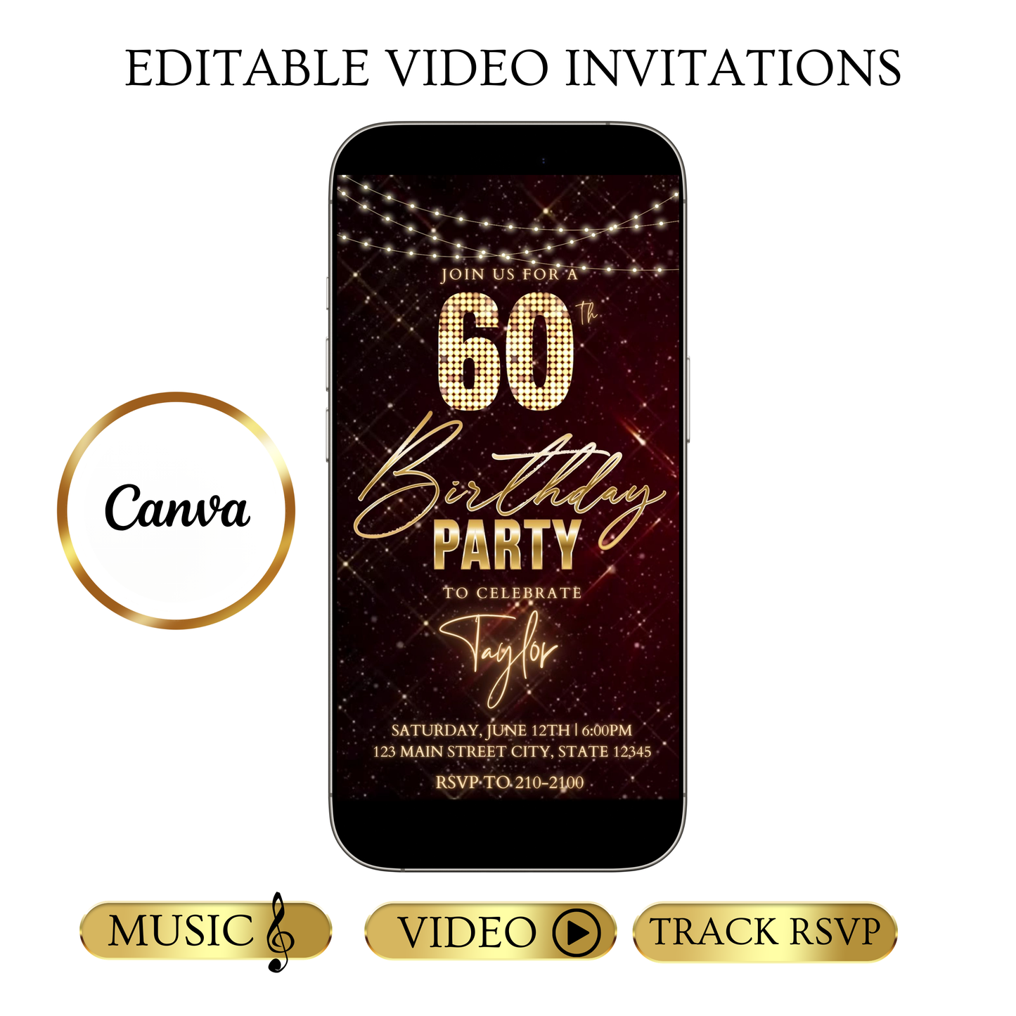 Editable maroon gold sparkle 60th birthday birthday video invitation displayed on a mobile phone, featuring an animated vertical digital invite with music, created in Canva. This premium video invitation template is designed for sharing by text, email, and social media and works with an interactive RSVP website for easy guest response tracking.
